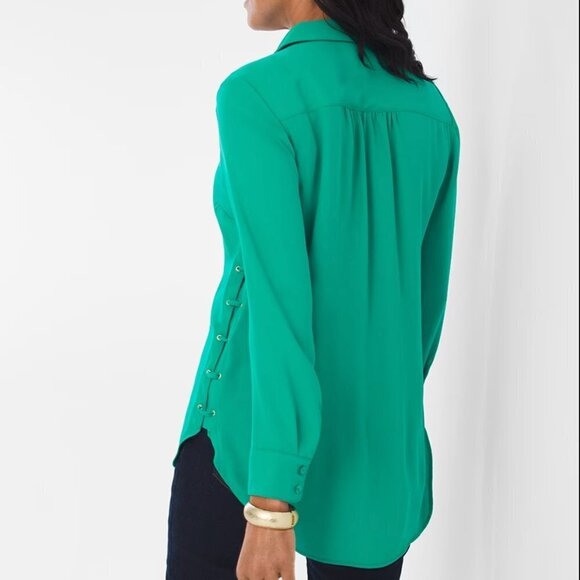 Chico's women's 1 (M) lace up side tunic button down blouse bright teal EUC - Picture 2 of 9